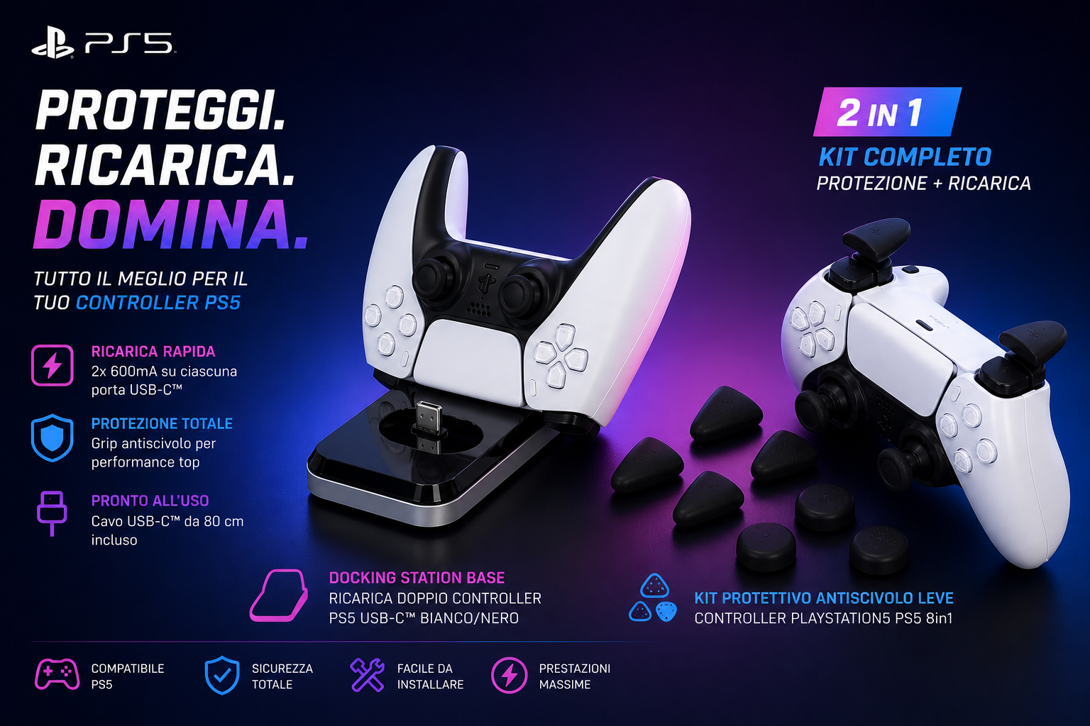 Kit PS5 2 in 1 – Base Ricarica Doppio Controller + Grip Antiscivolo Premium
