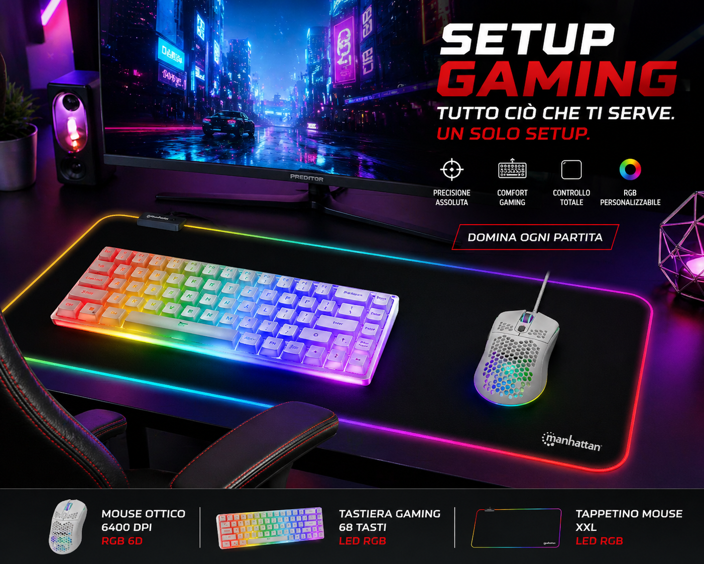 Setup Gaming RGB Completo – Mouse 6400 DPI + Tastiera LED + Tappetino XXL Illuminato